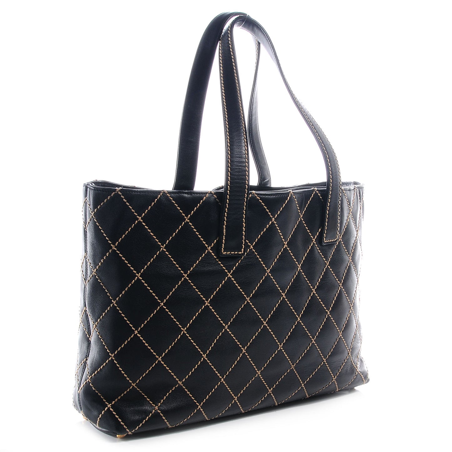 Leather Contrast Stitch Surpique Shopping Tote Black
