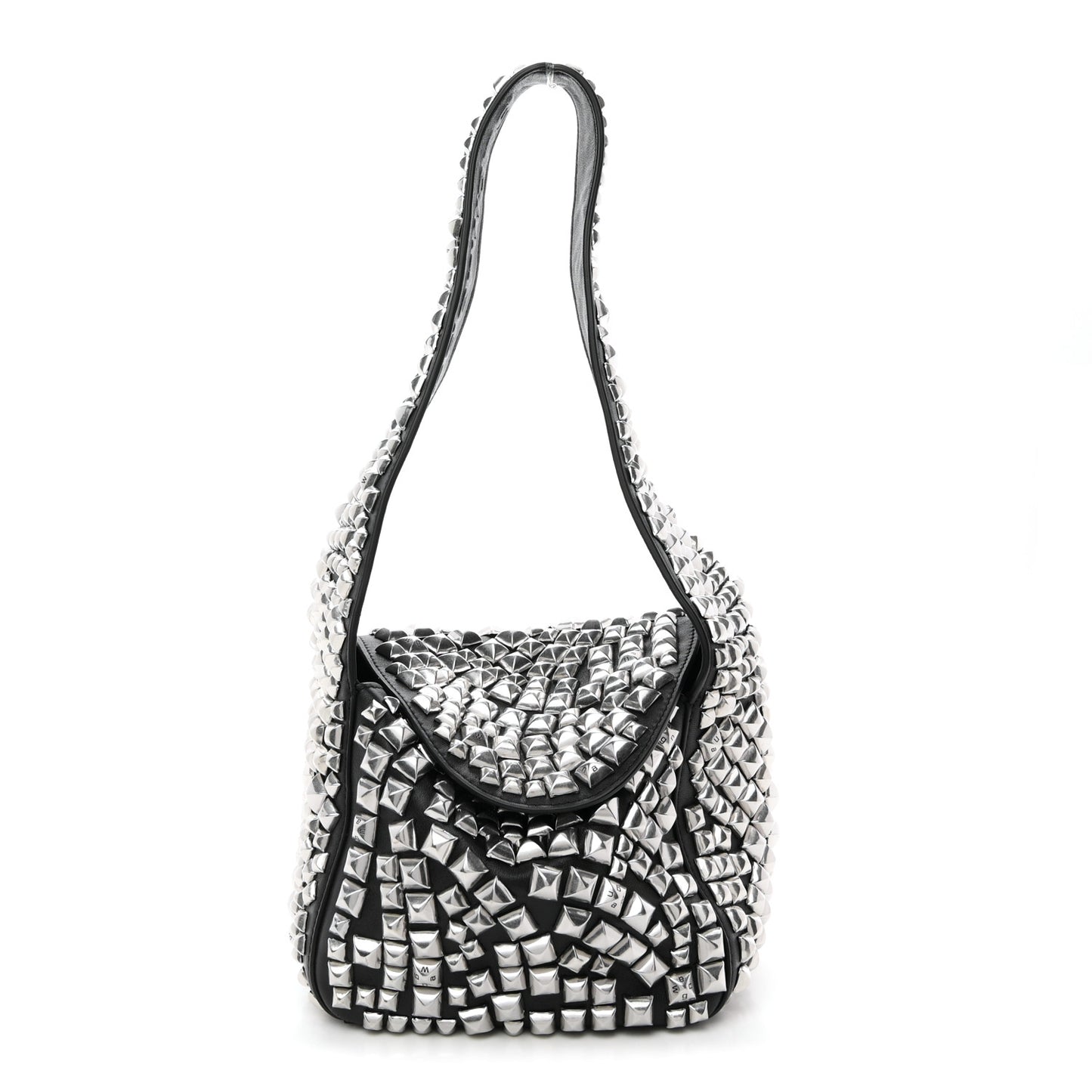 Sheepskin Studded Small Spike Hobo Black