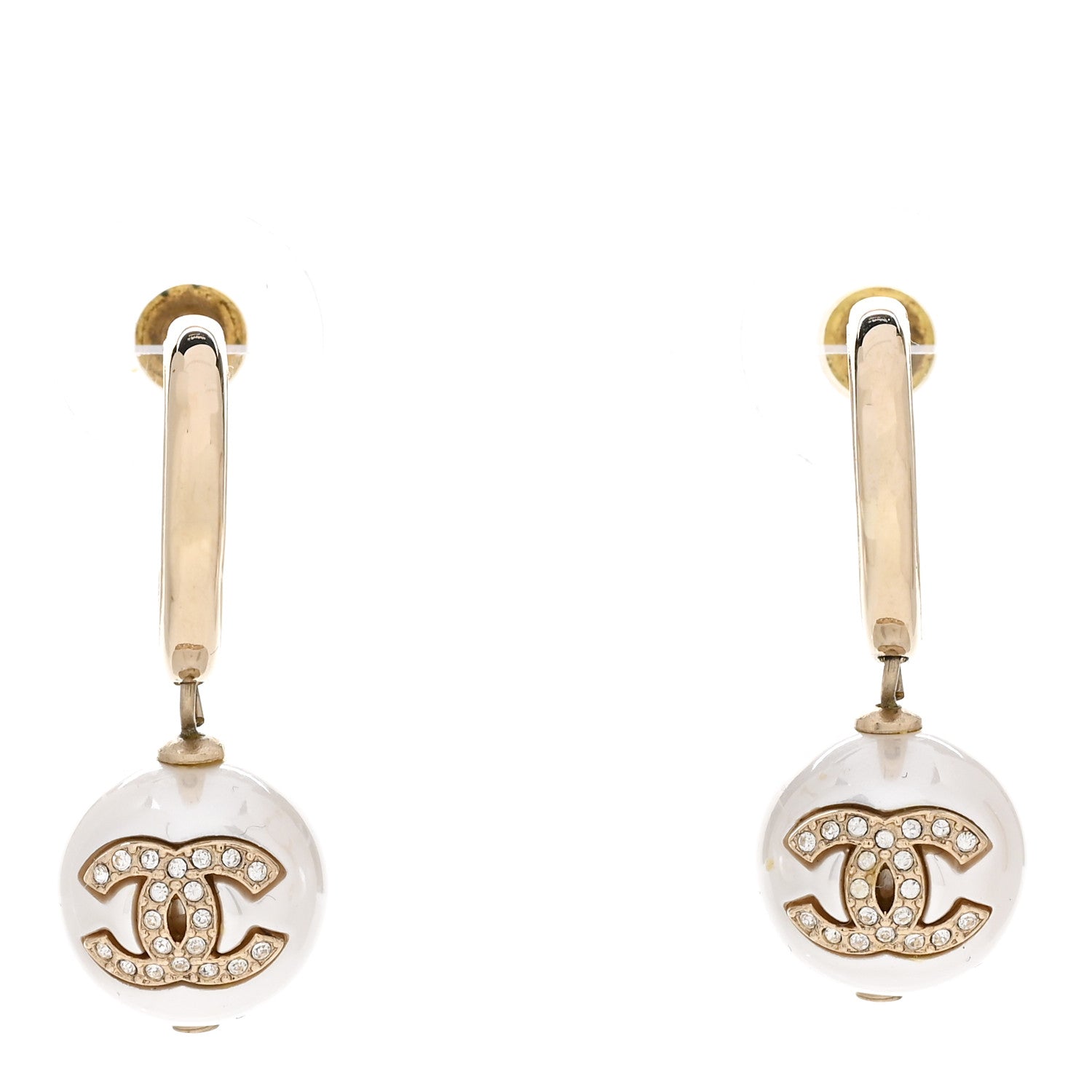 Chanel Crystal CC Pearl Drop Earrings Gold 1 of 5