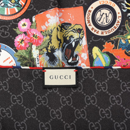 Gucci Silk Twill Monogram Courrier Square Scarf Black Light Grey 3 of 4