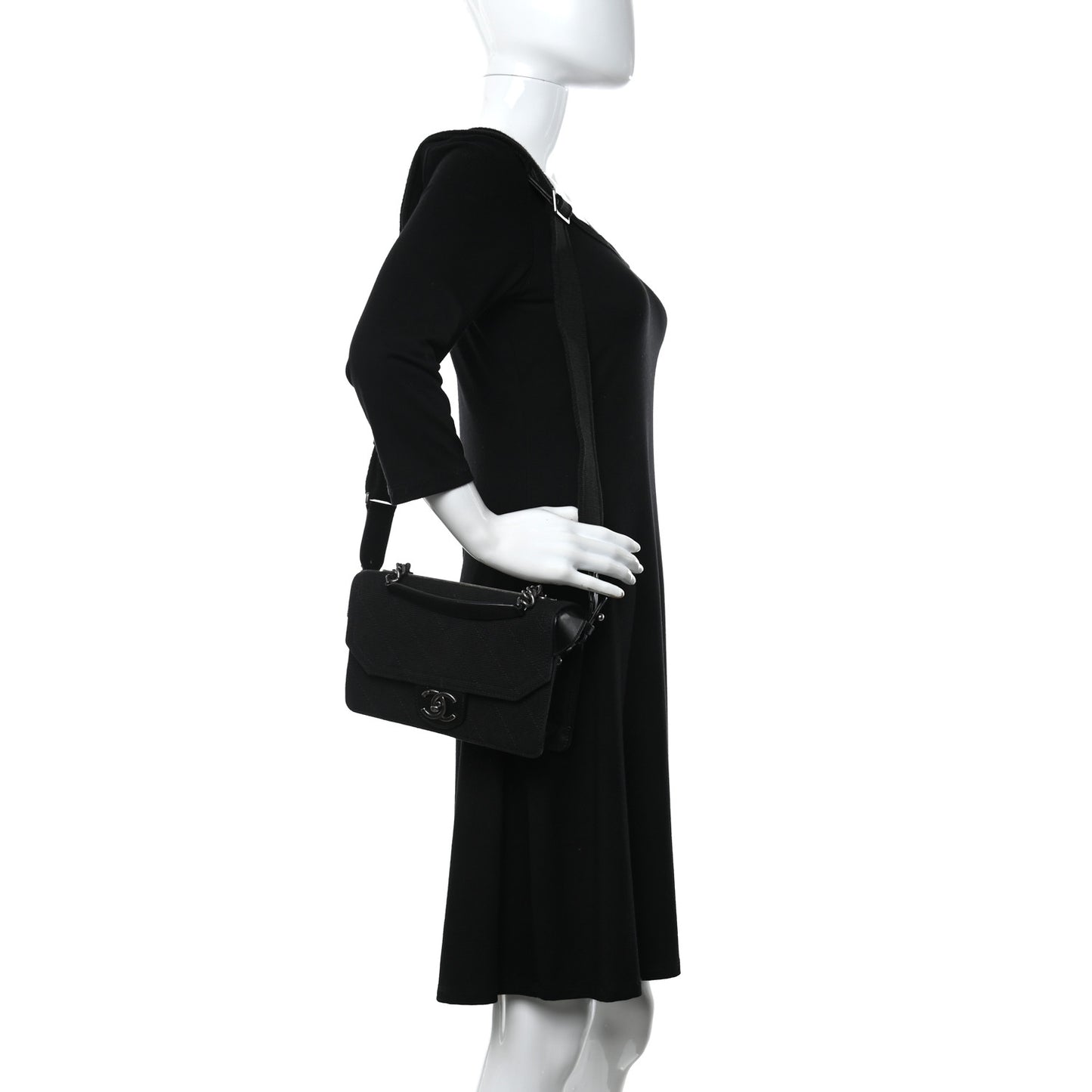 Canvas Calfskin Quilted 2-Way Flap Black