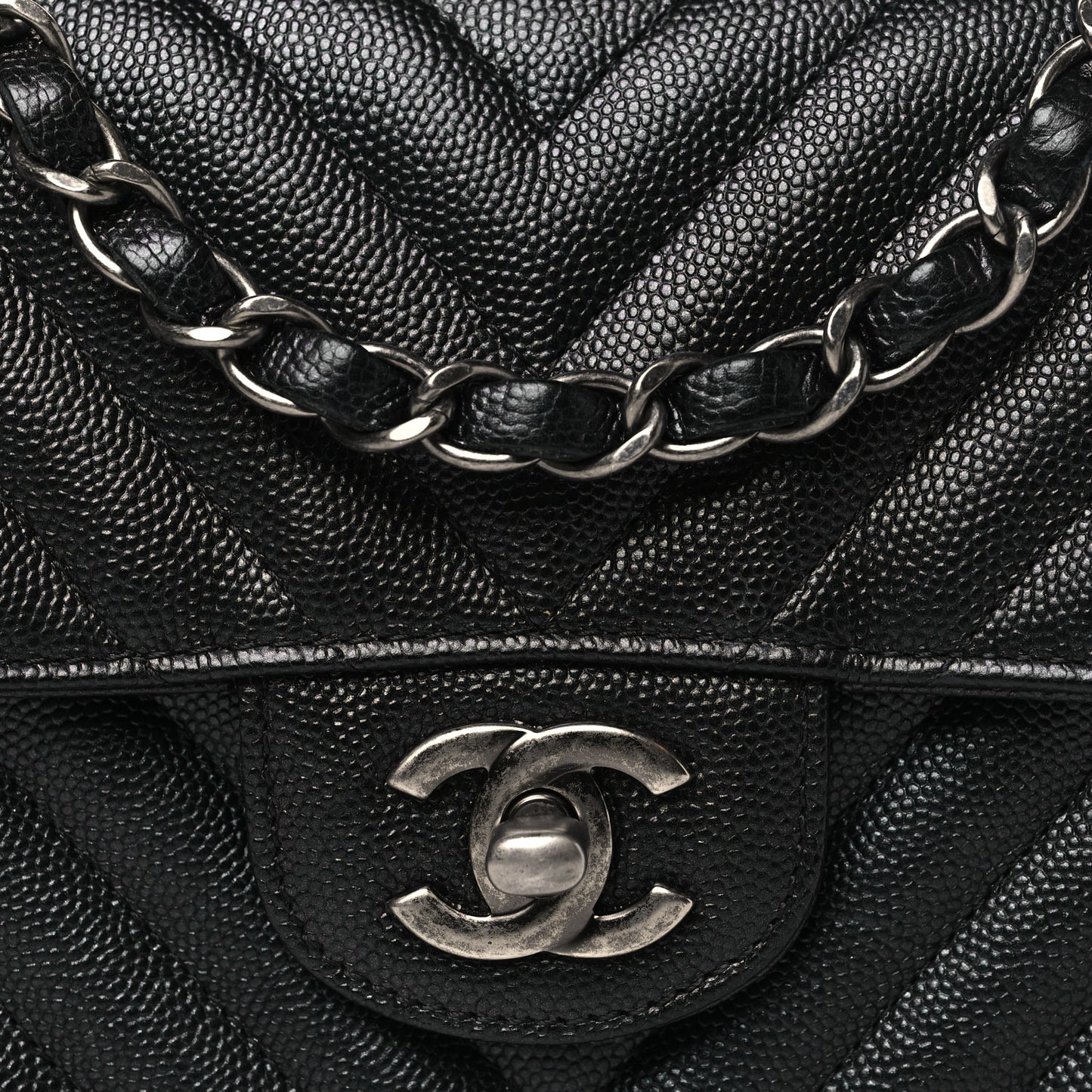 Metallic Caviar Chevron Quilted Mini Rectangular Flap Black