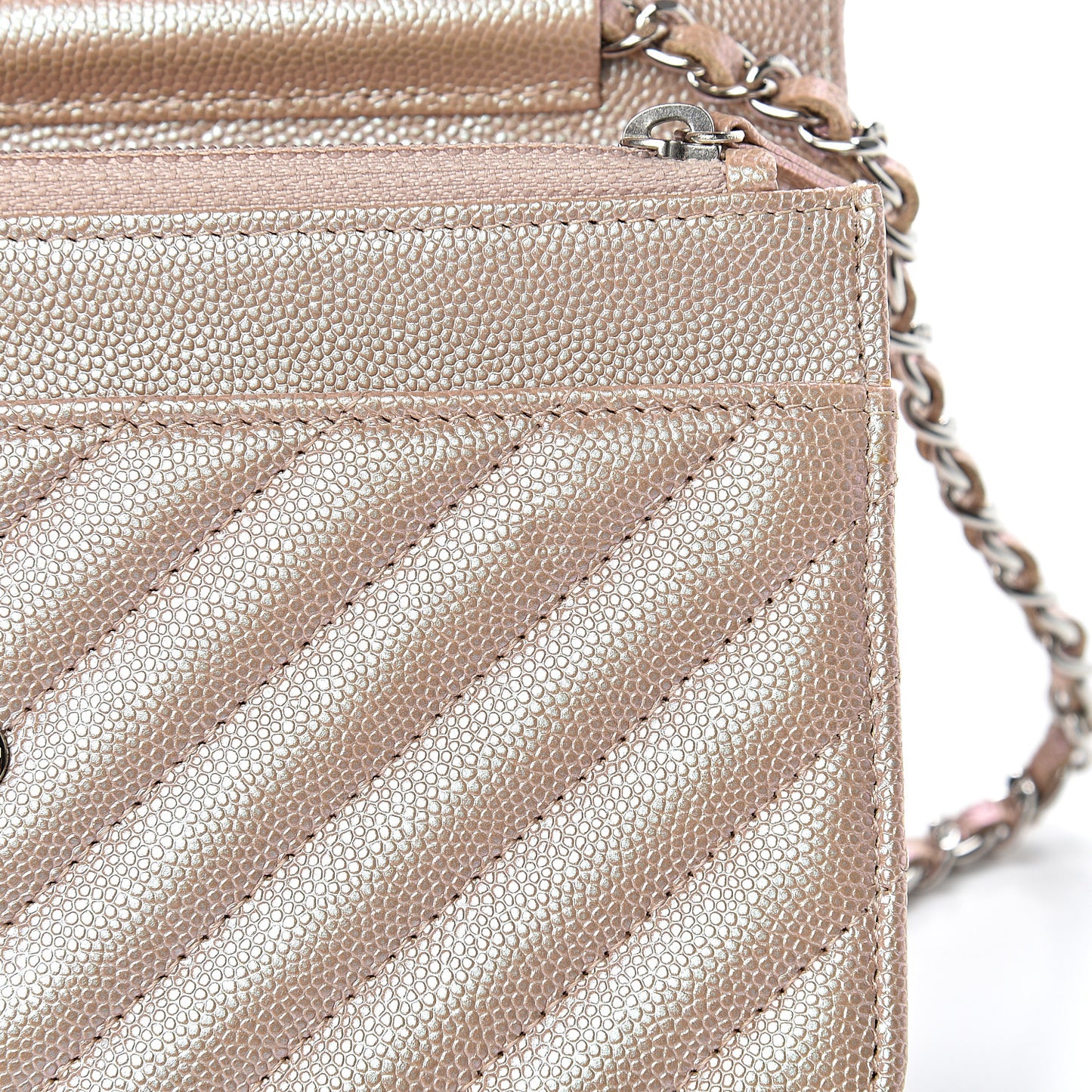 Metallic Caviar Chevron Quilted Wallet On Chain WOC Light Gold