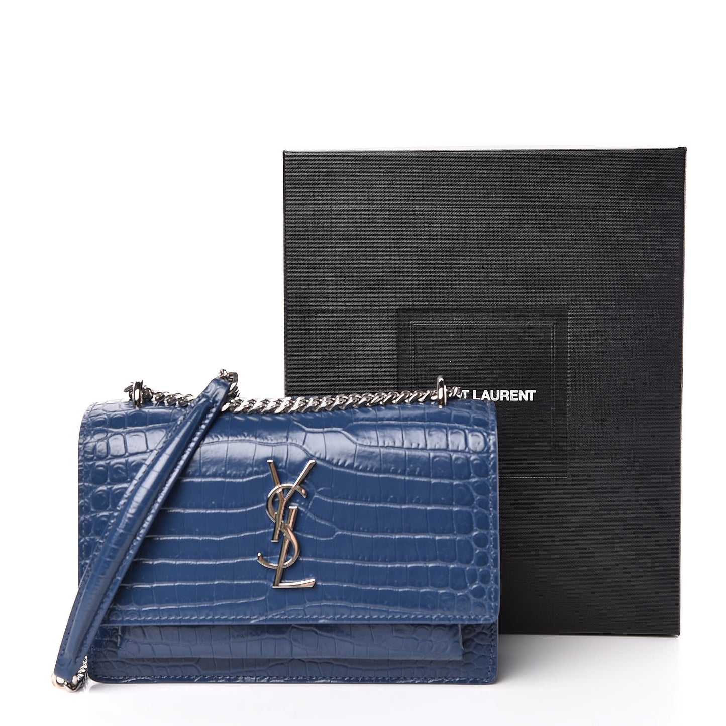 Calfskin Crocodile Embossed Monogram Sunset Chain Wallet Denim