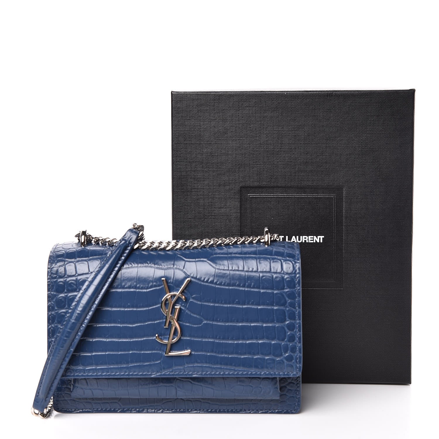 Saint Laurent Calfskin Crocodile Embossed Monogram Sunset Chain Wallet Denim 13 of 13