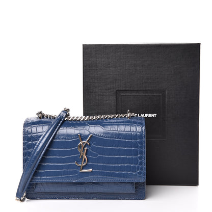 Saint Laurent Calfskin Crocodile Embossed Monogram Sunset Chain Wallet Denim 13 of 13