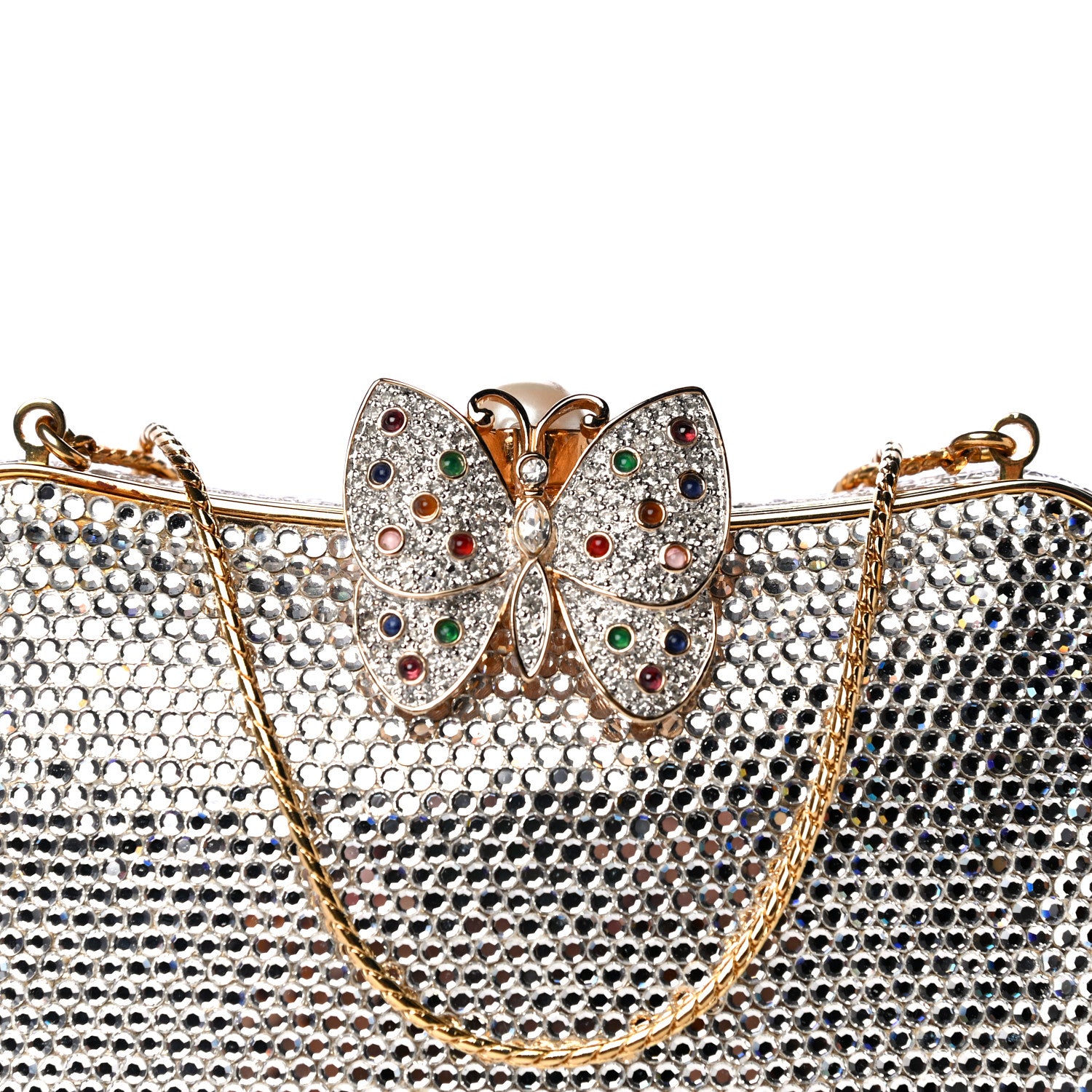 Judith Leiber Swarovski Crystal Butterfly Minaudiere Clutch Silver Gold 9 of 12