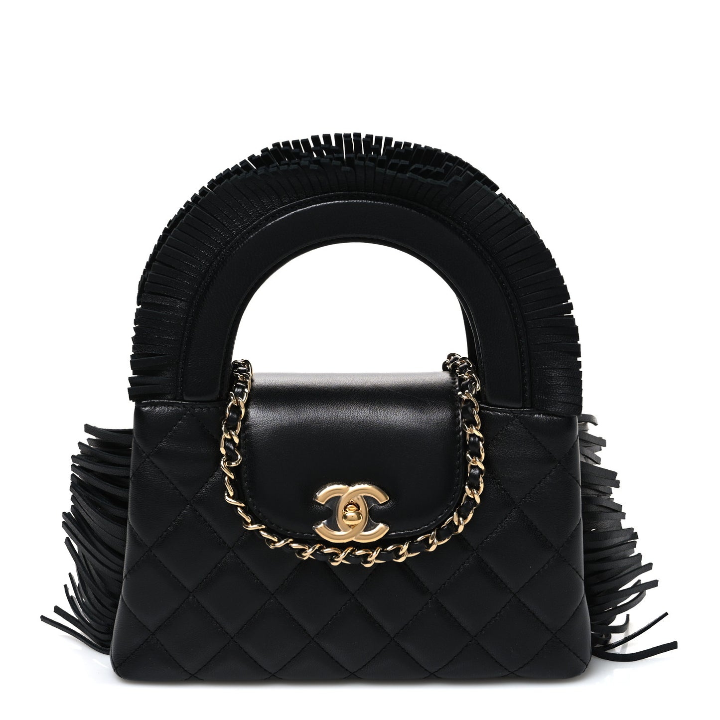 Lambskin Fringe Nano Kelly Shopper Black