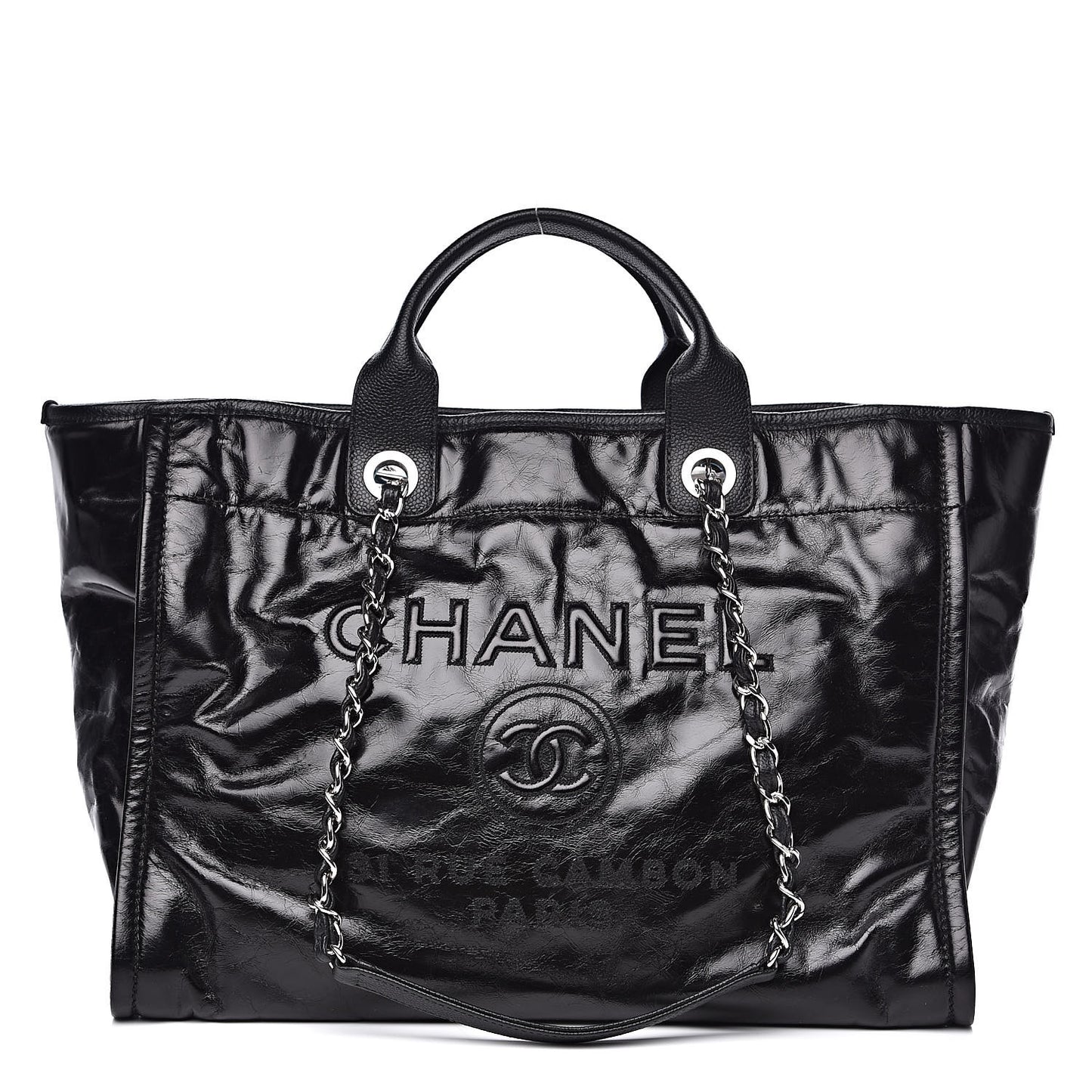 Glazed Calfskin Large Deauville Tote Black