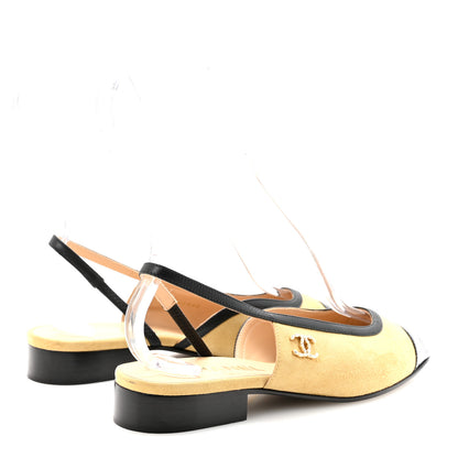 Chanel Suede Kidskin Lambskin Patent Calfskin Crystal CC Cap Toe Slingback Flats 37.5 Beige Black 5 of 9