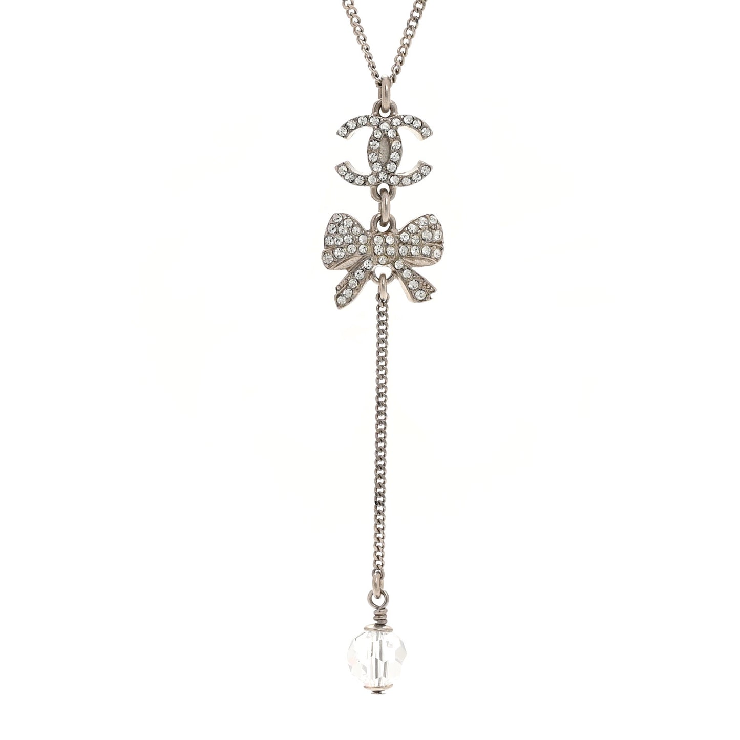 Crystal Resin CC Bow Drop Necklace Silver