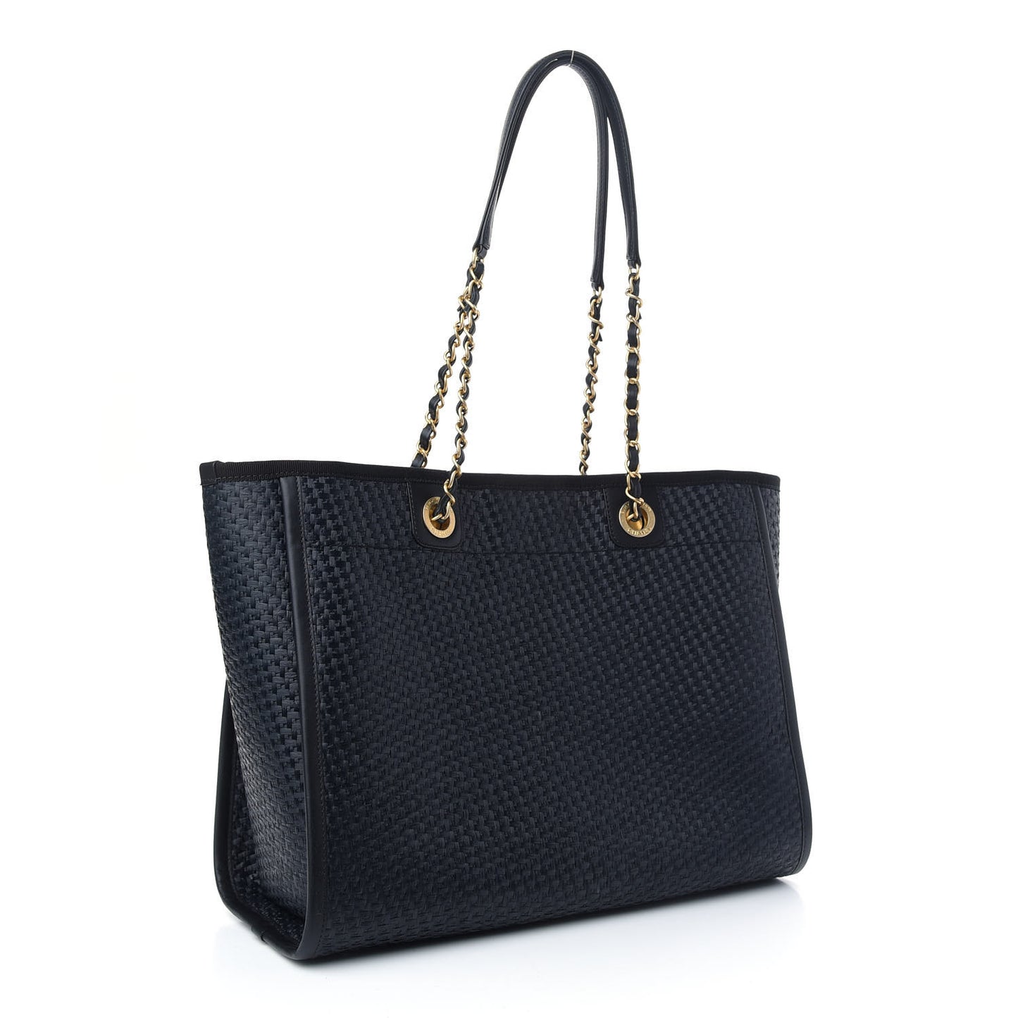 Straw Raffia Calfskin Chain Small Deauville Tote Navy