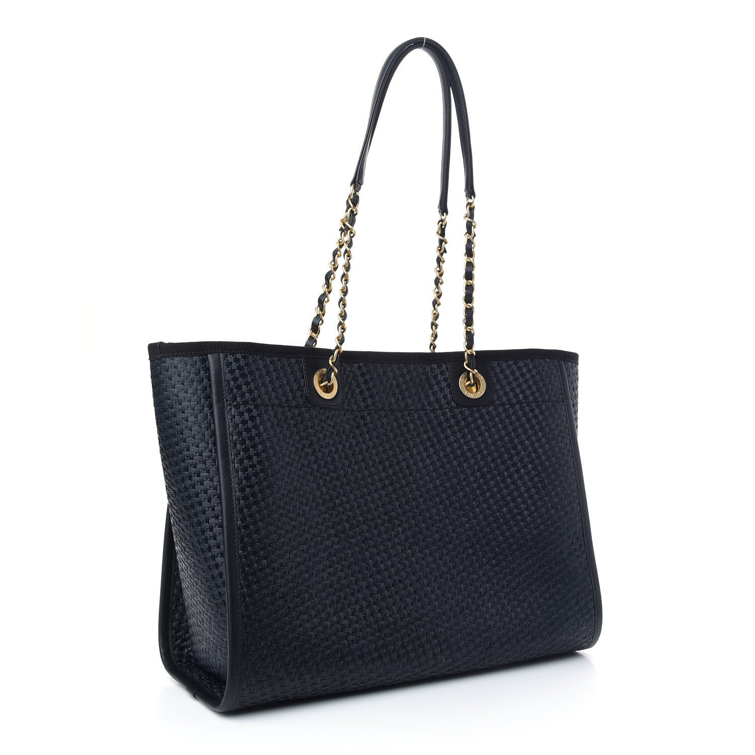 Chanel Straw Raffia Calfskin Chain Small Deauville Tote Navy 3 of 9