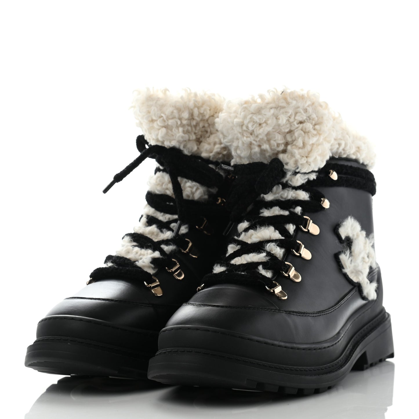 Calfskin Shearling CC Lace Up Boots 41 Black