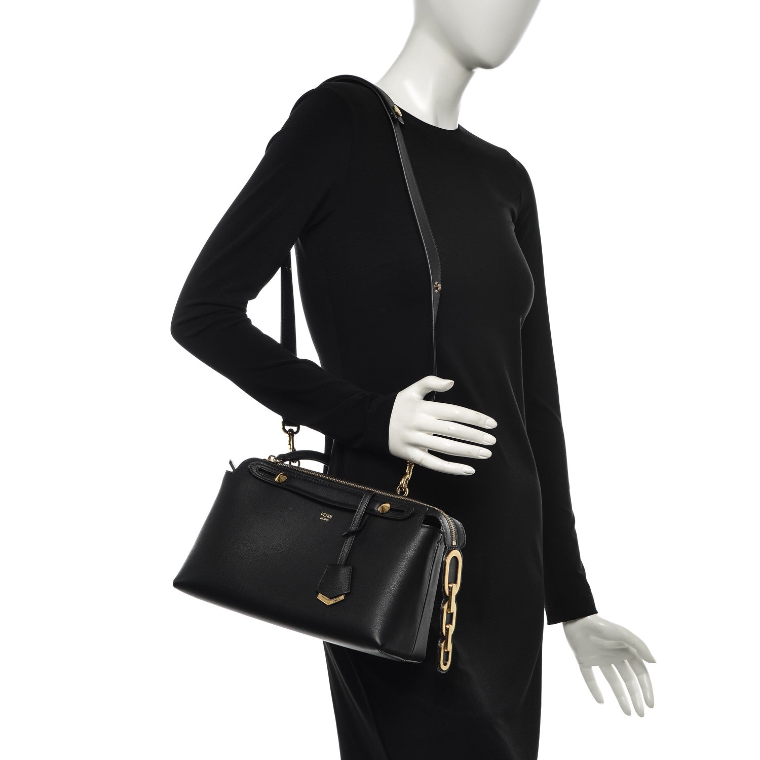 Fendi Vitello Dolce Chain Tail Gold Edition Medium By The Way Boston Bag Black Vintage Gold 2 of 7