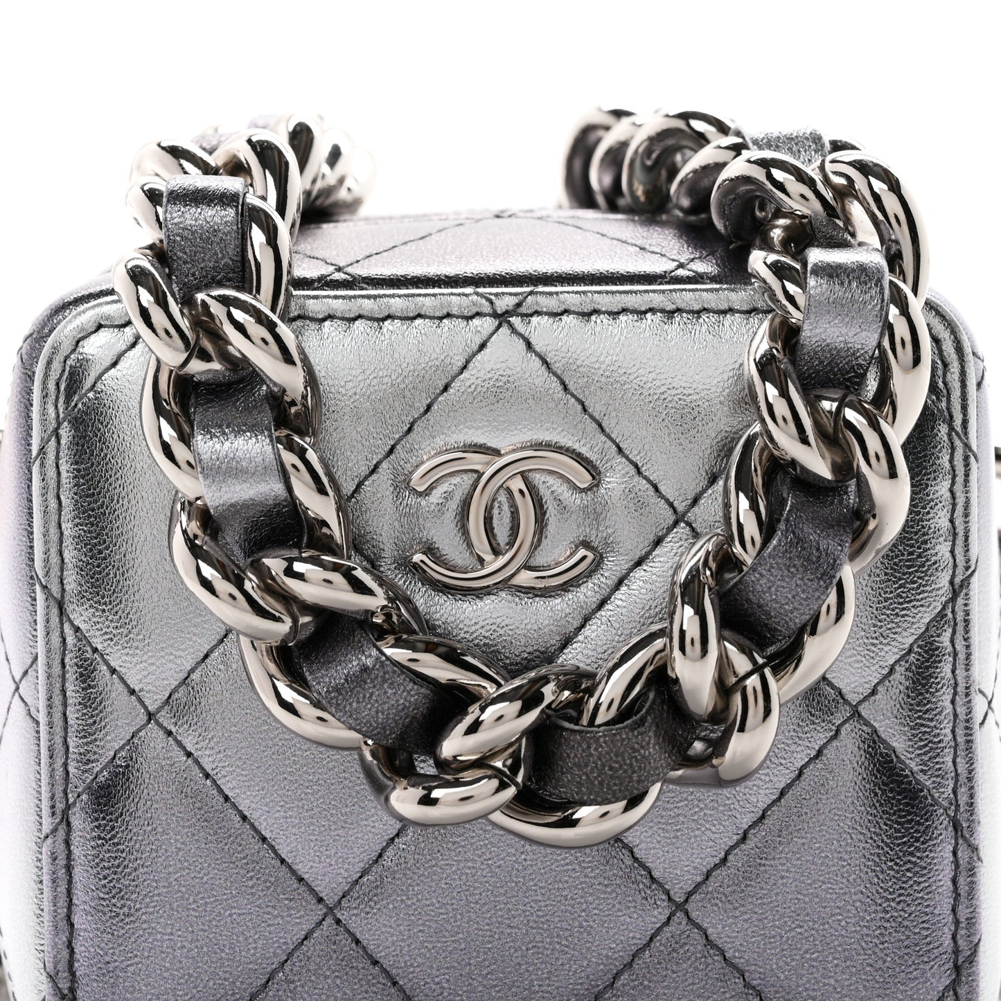 Gradient Metallic Lambskin Quilted Coco Punk Cube Clutch With Chain Silver Black