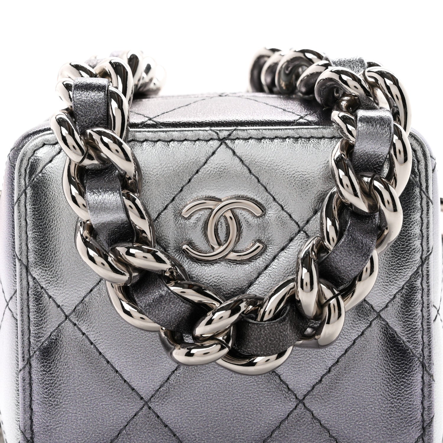 Chanel Gradient Metallic Lambskin Quilted Coco Punk Cube Clutch With Chain Silver Black 7 of 9