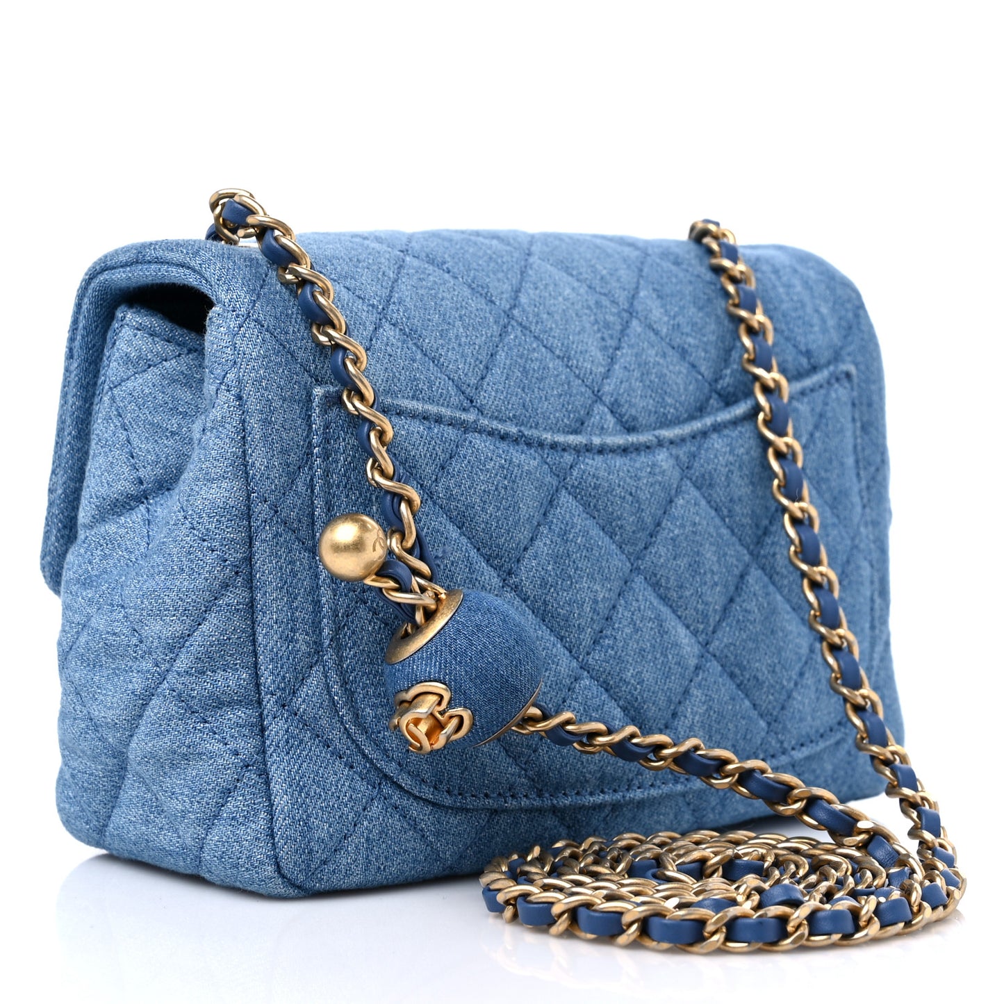 Denim Quilted Mini Pearl Crush Flap Blue