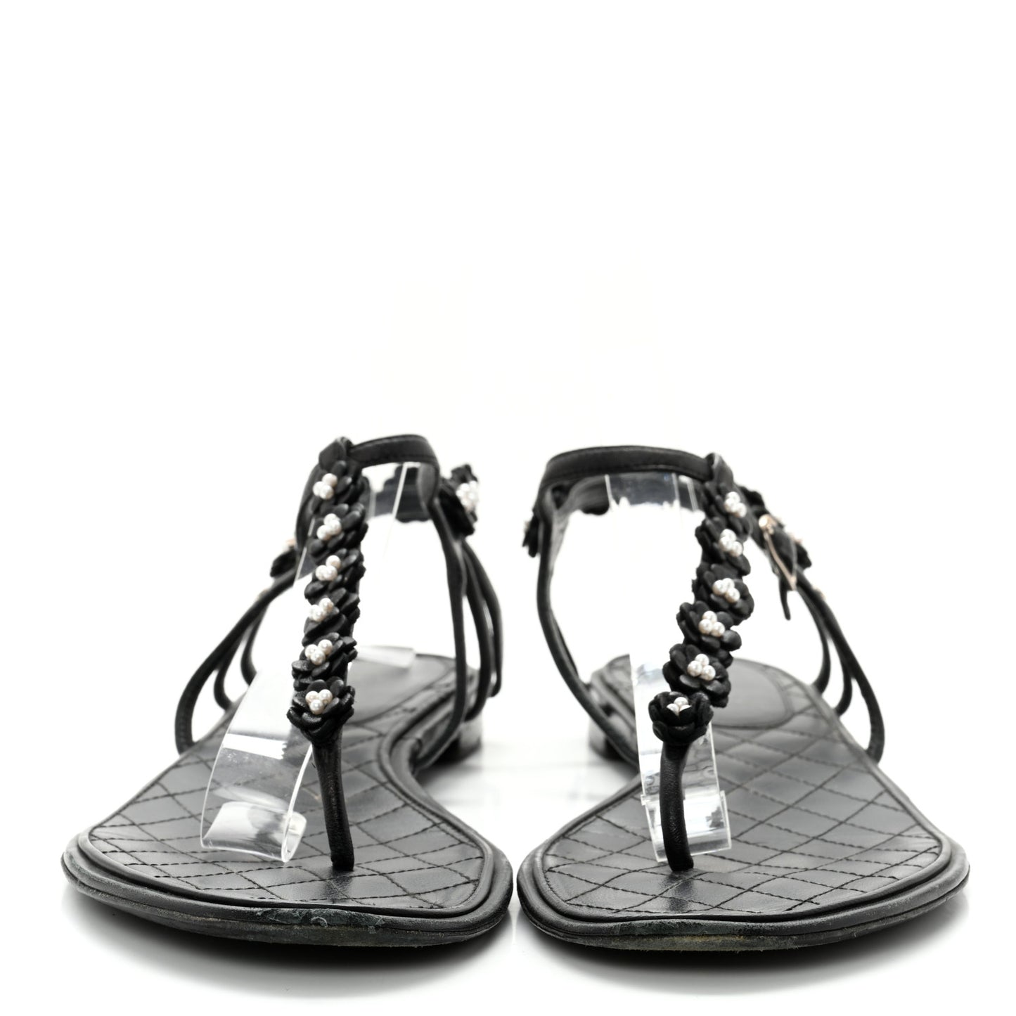 Lambskin Pearl Camellia Thong Sandals 41.5 Black