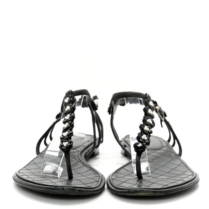 Chanel Lambskin Pearl Camellia Thong Sandals 41.5 Black 3 of 10