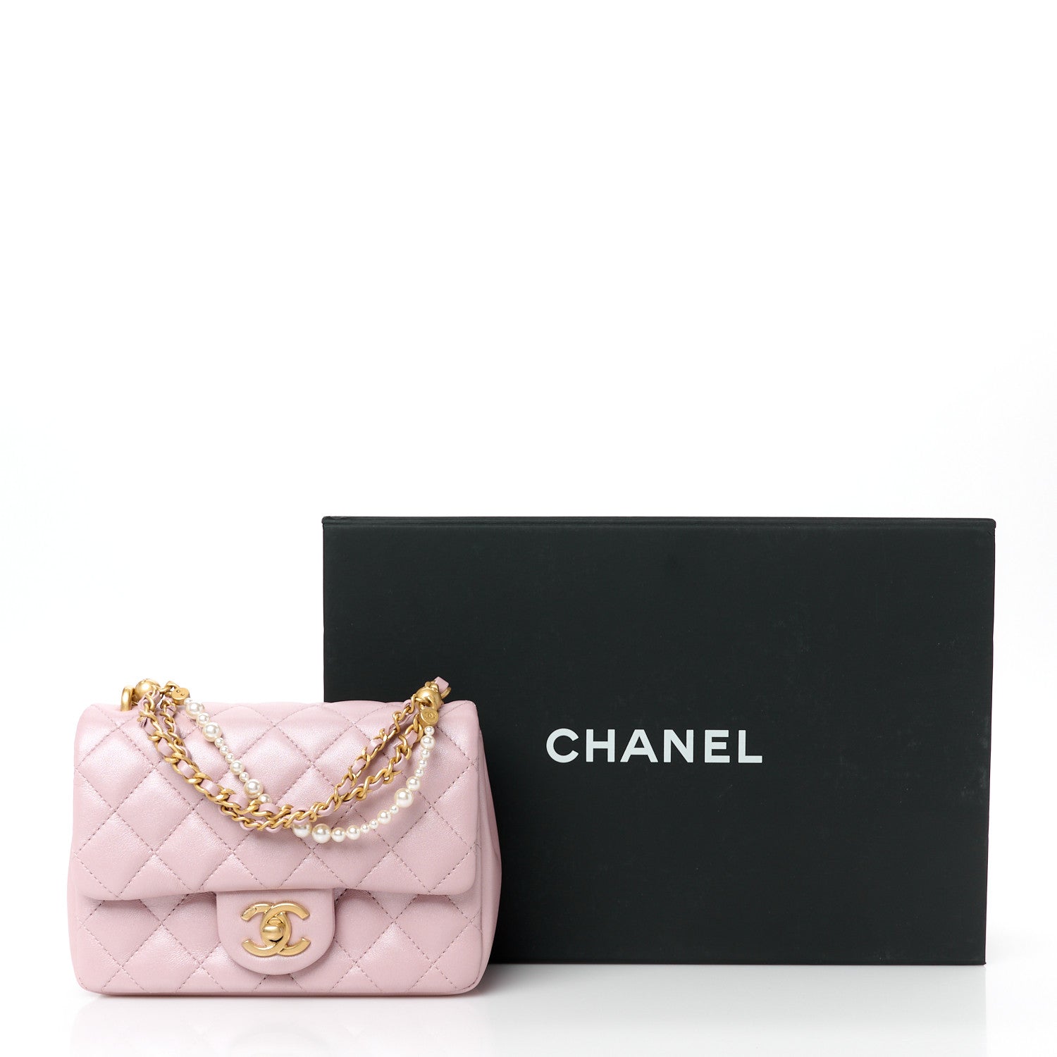 Chanel Shiny Lambskin Quilted Pearl Twist Mini Square Flap Light