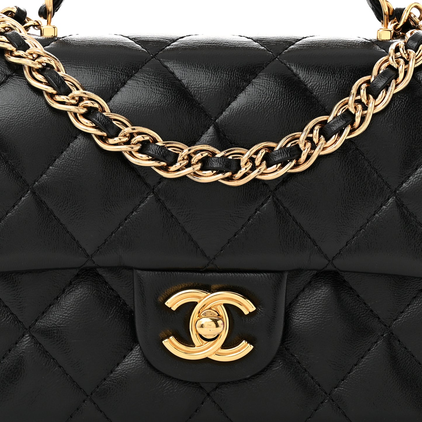 Shiny Lambskin Quilted Golden Links Top Handle Flap Black