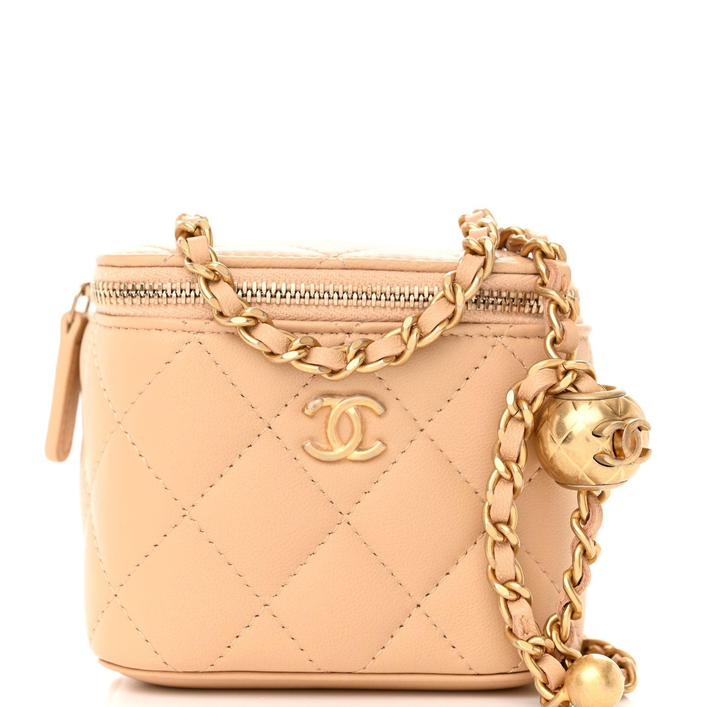 Lambskin Quilted Pearl Crush Mini Vanity Case With Chain Beige