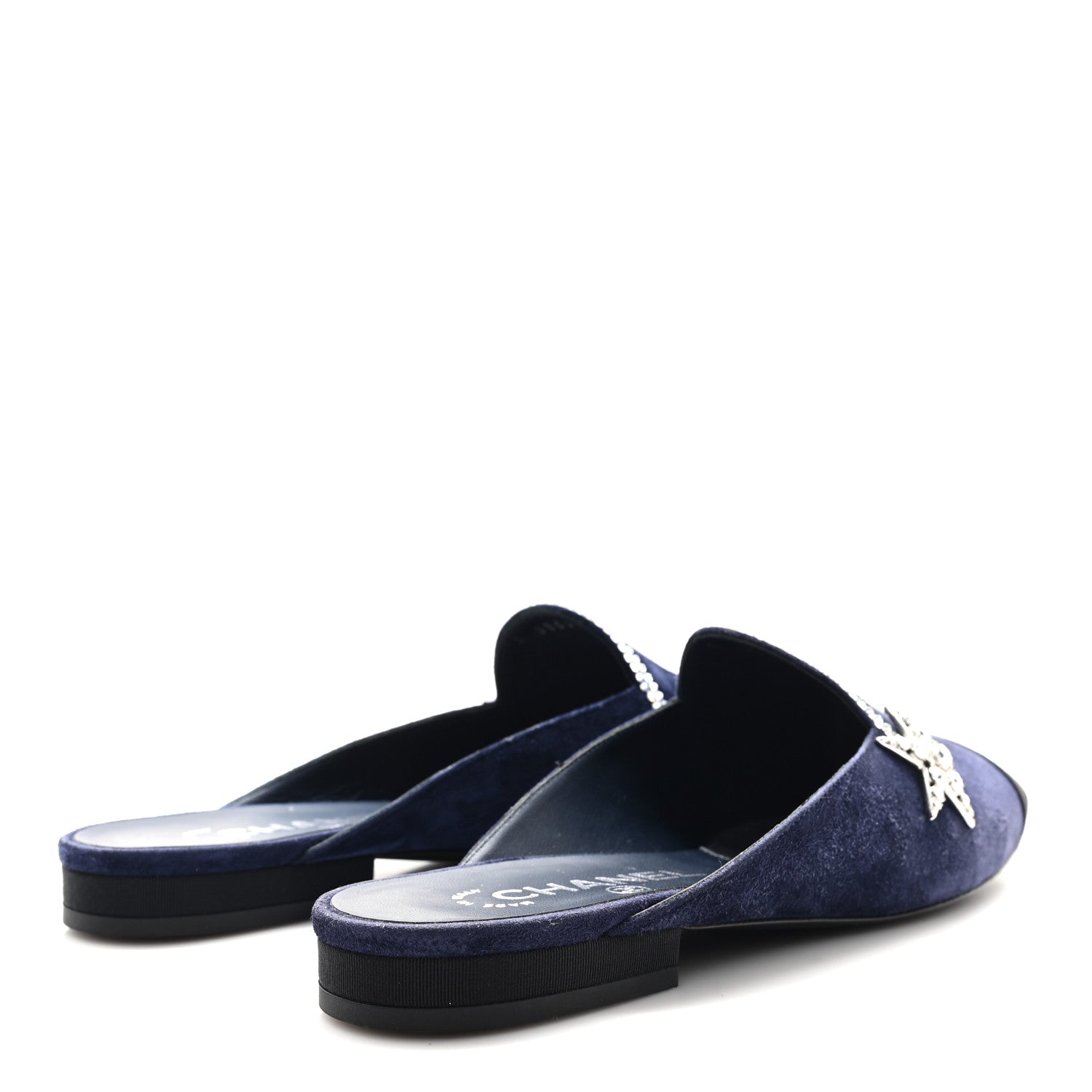 Chanel Suede Calfskin Grosgrain Crystal CC Star Mules  37.5 Blue Black 5 of 9