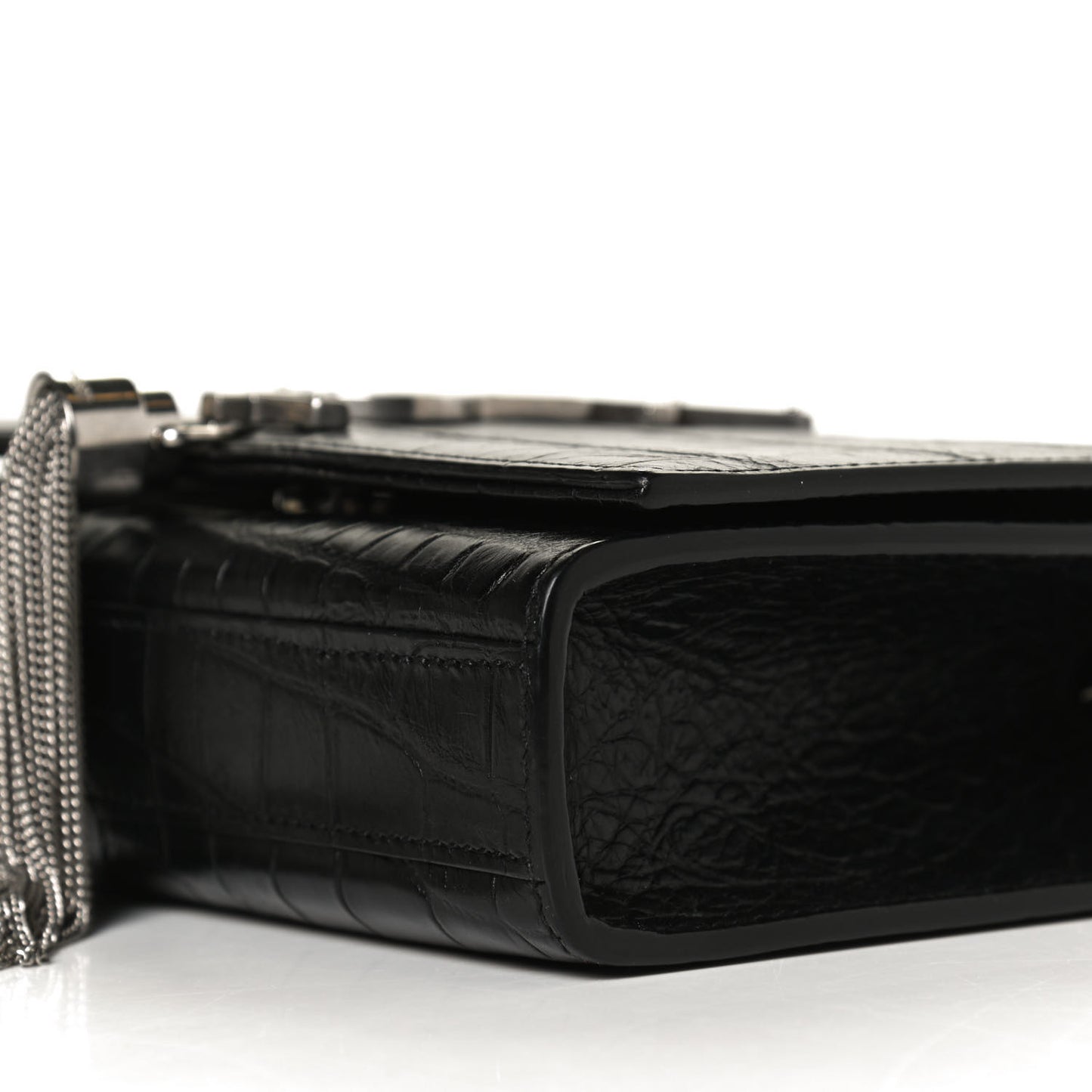 Calfskin Crocodile Embossed Small Classic Monogram Kate Tassel Satchel Black