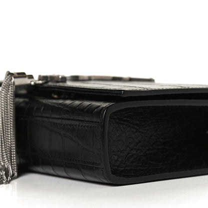 Saint Laurent Calfskin Crocodile Embossed Small Classic Monogram Kate Tassel Satchel Black 6 of 11
