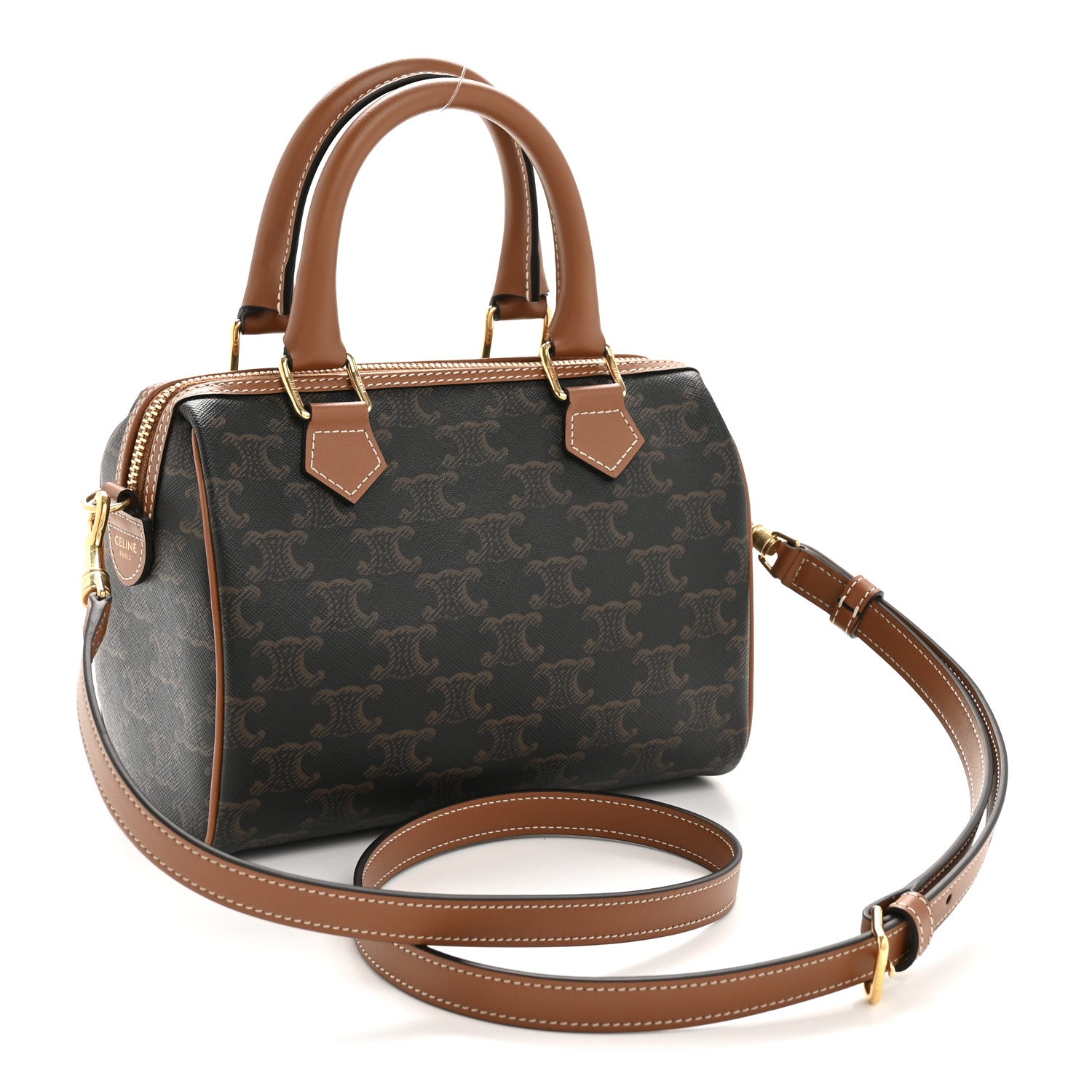 Celine Triomphe Canvas Calfskin Small Boston Bag Tan 3 of 11