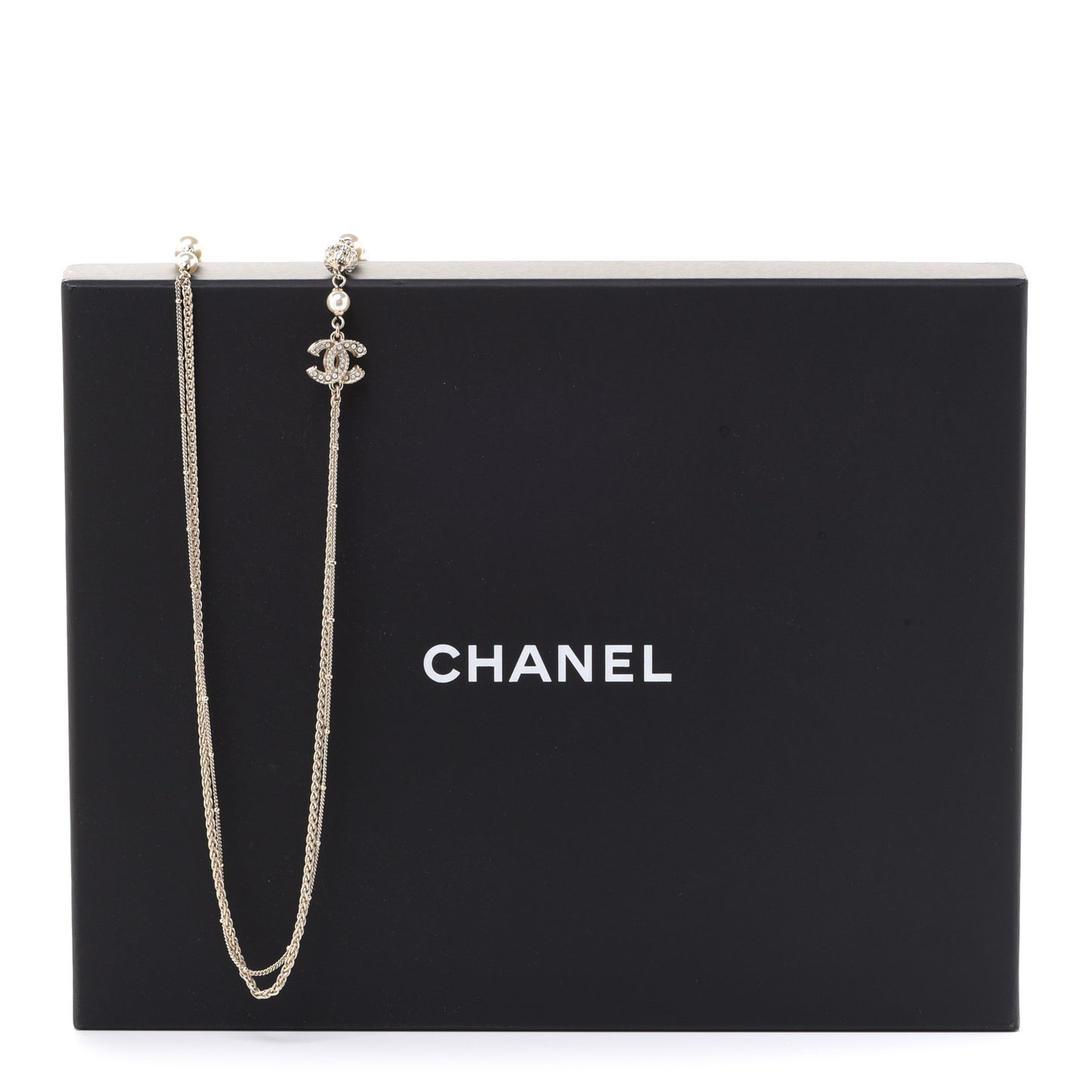 Pearl Crystal CC Long Necklace Gold