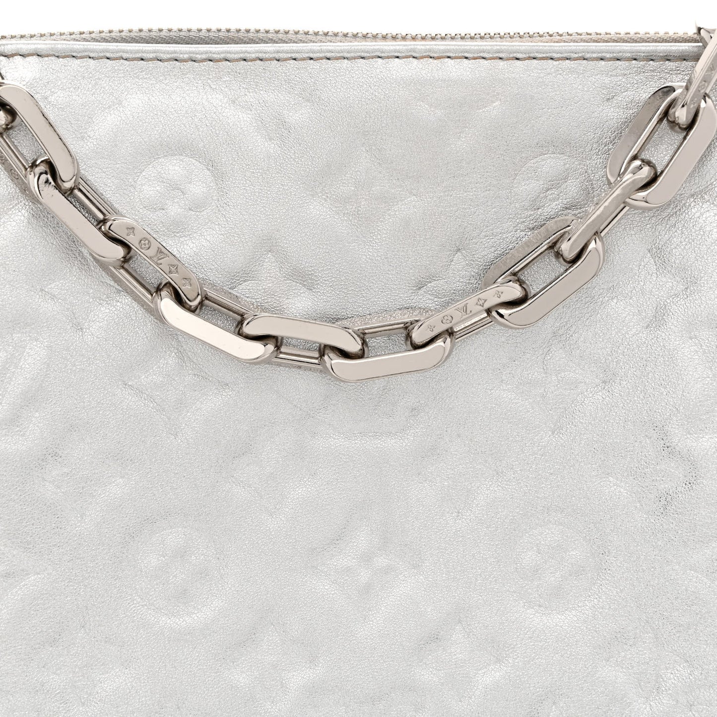 Metallic Lambskin Embossed Monogram Coussin PM Silver