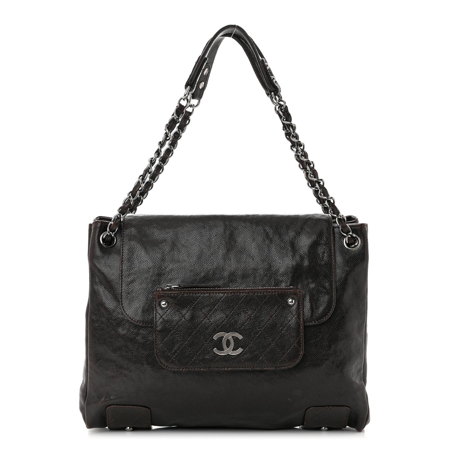 Chanel Glazed Caviar Pocket In The City Tote Dark Brown 1 of 12