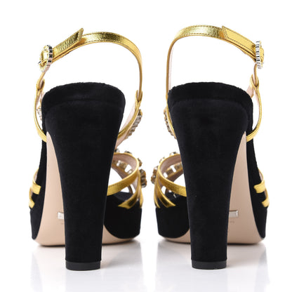 Gucci Velvet Nappa Crystal Zephyra Slingback Platform High Heel Sandals 40 Black Gold 7 of 9