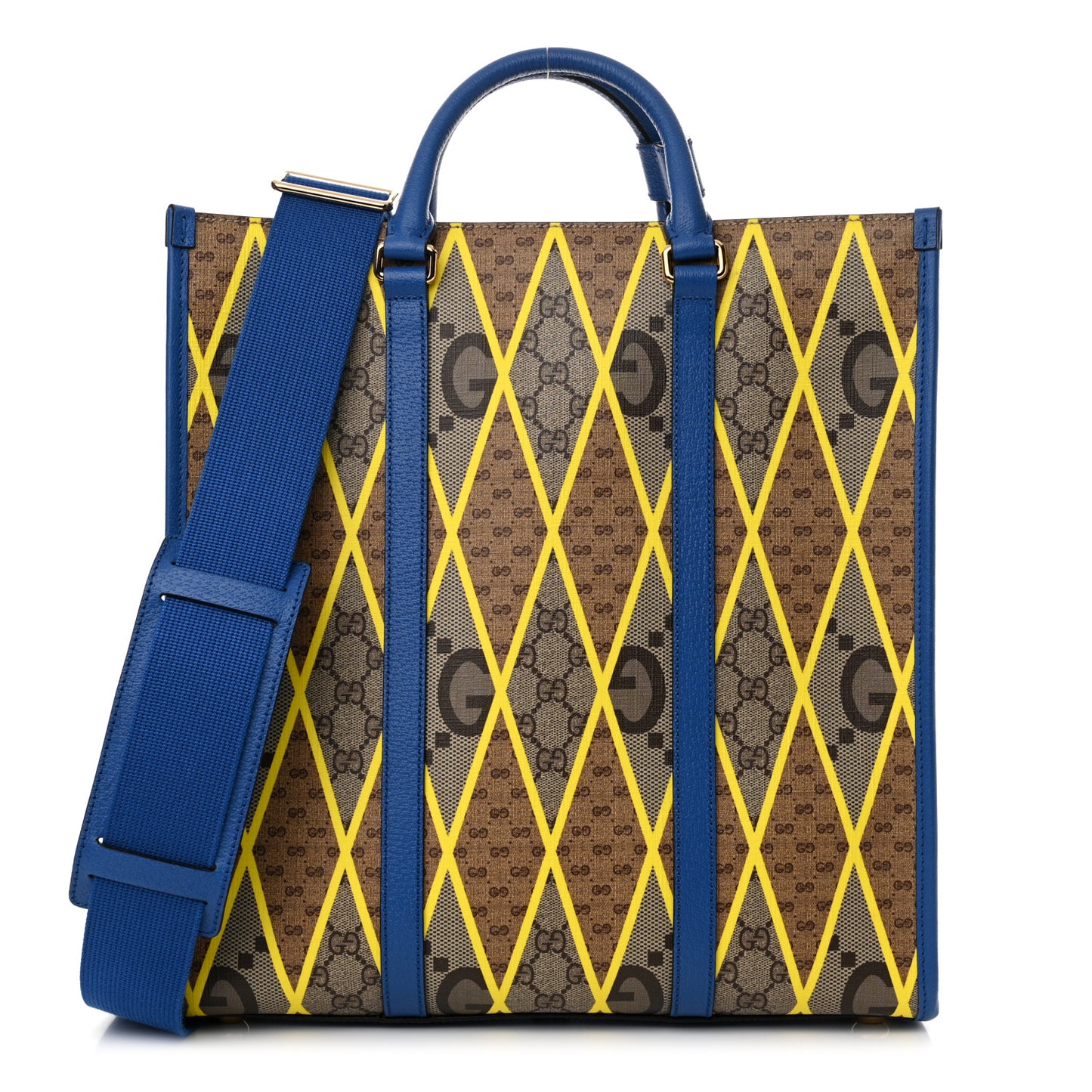 GG Supreme Monogram Mix Textured Dollar Calfskin Rhombus Inlay Large Tote Bag Beige Ebony Harvest Joy Blue