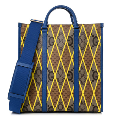 Gucci GG Supreme Monogram Mix Textured Dollar Calfskin Rhombus Inlay Large Tote Bag Beige Ebony Harvest Joy Blue 1 of 10