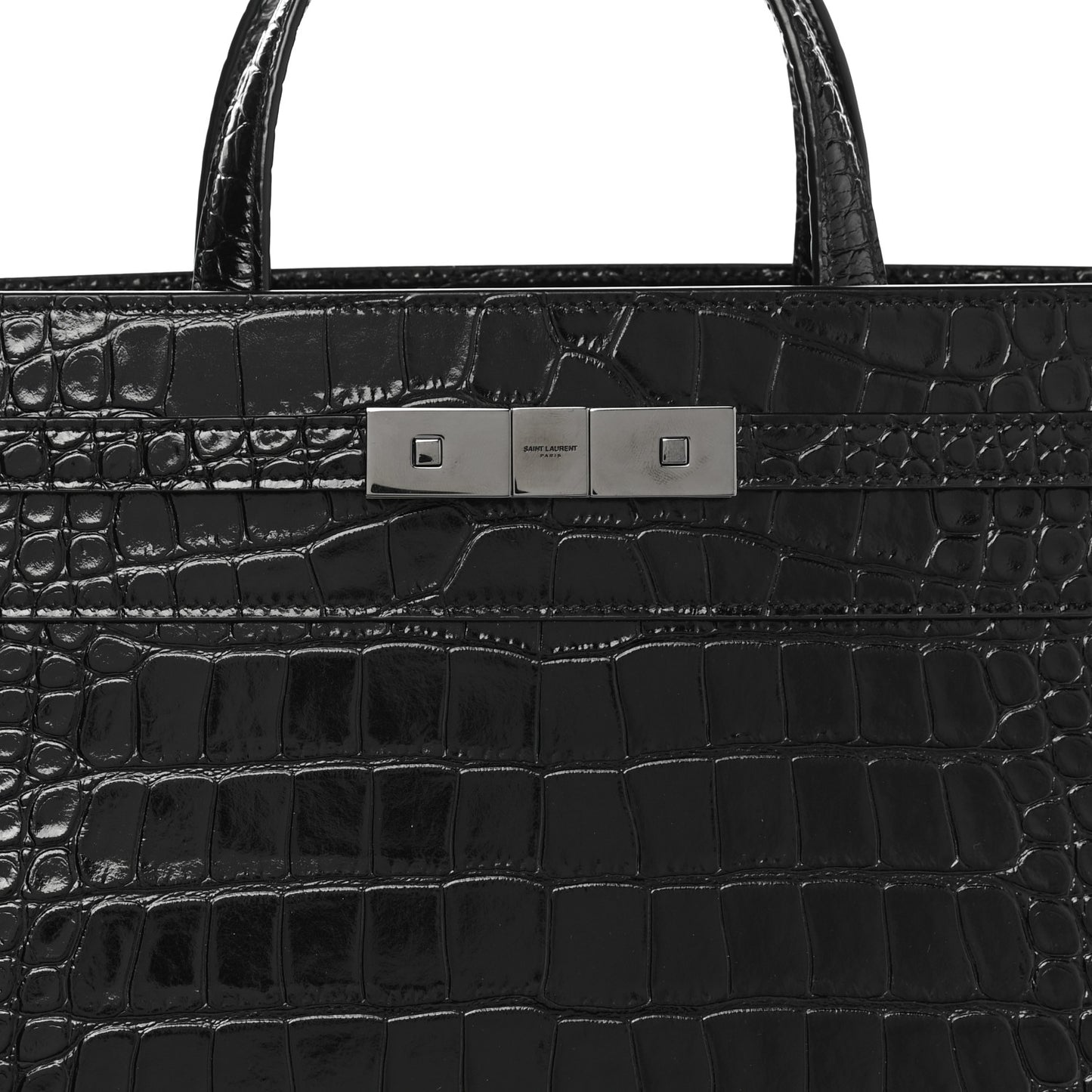 Shiny Calfskin Crocodile Embossed Small Manhattan Shopper Tote Black