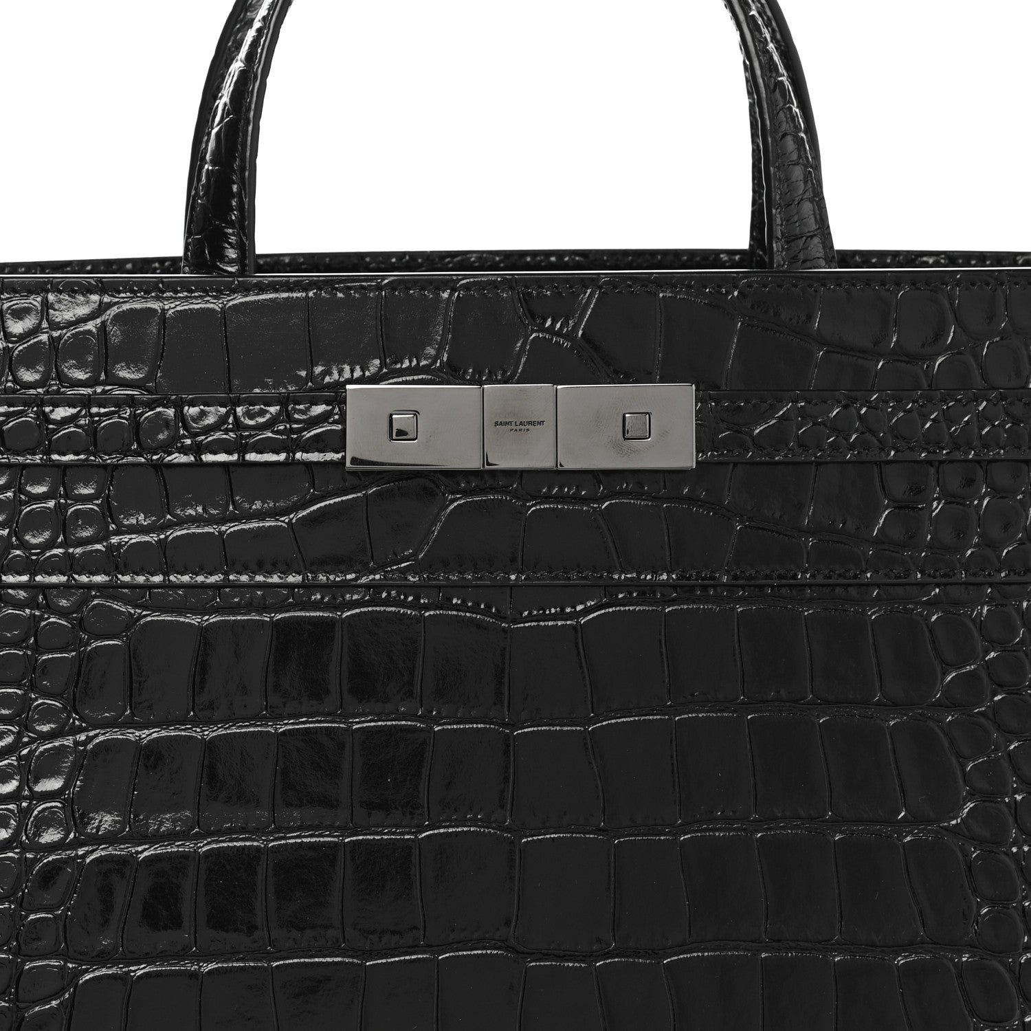 Saint Laurent Shiny Calfskin Crocodile Embossed Small Manhattan Shopper Tote Black 8 of 10
