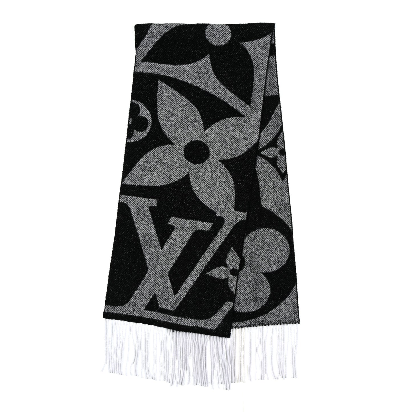 Wool Silk Monogram Snowy Kaleidoscope Scarf Black