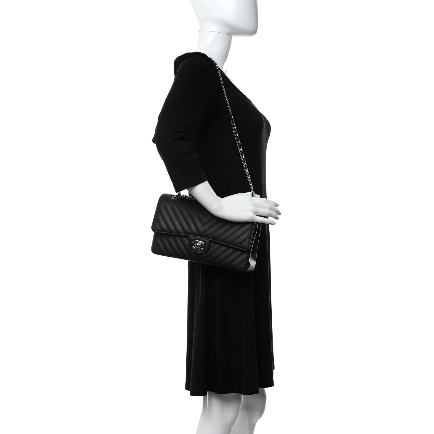 Chanel Calfskin Chevron Quilted Medium Double Flap Black 2 of 9