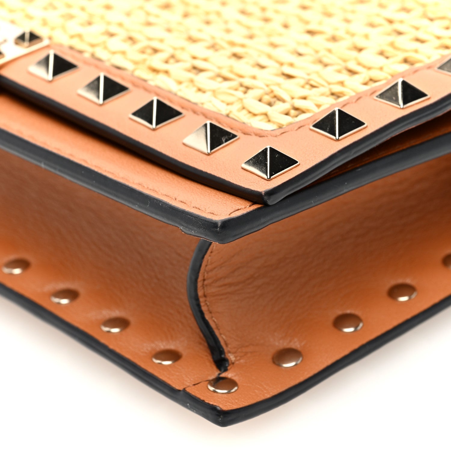 Valentino Garavani Raffia Calfskin Rockstud Wallet On Chain Pouch Natural Almond Beige 9 of 9
