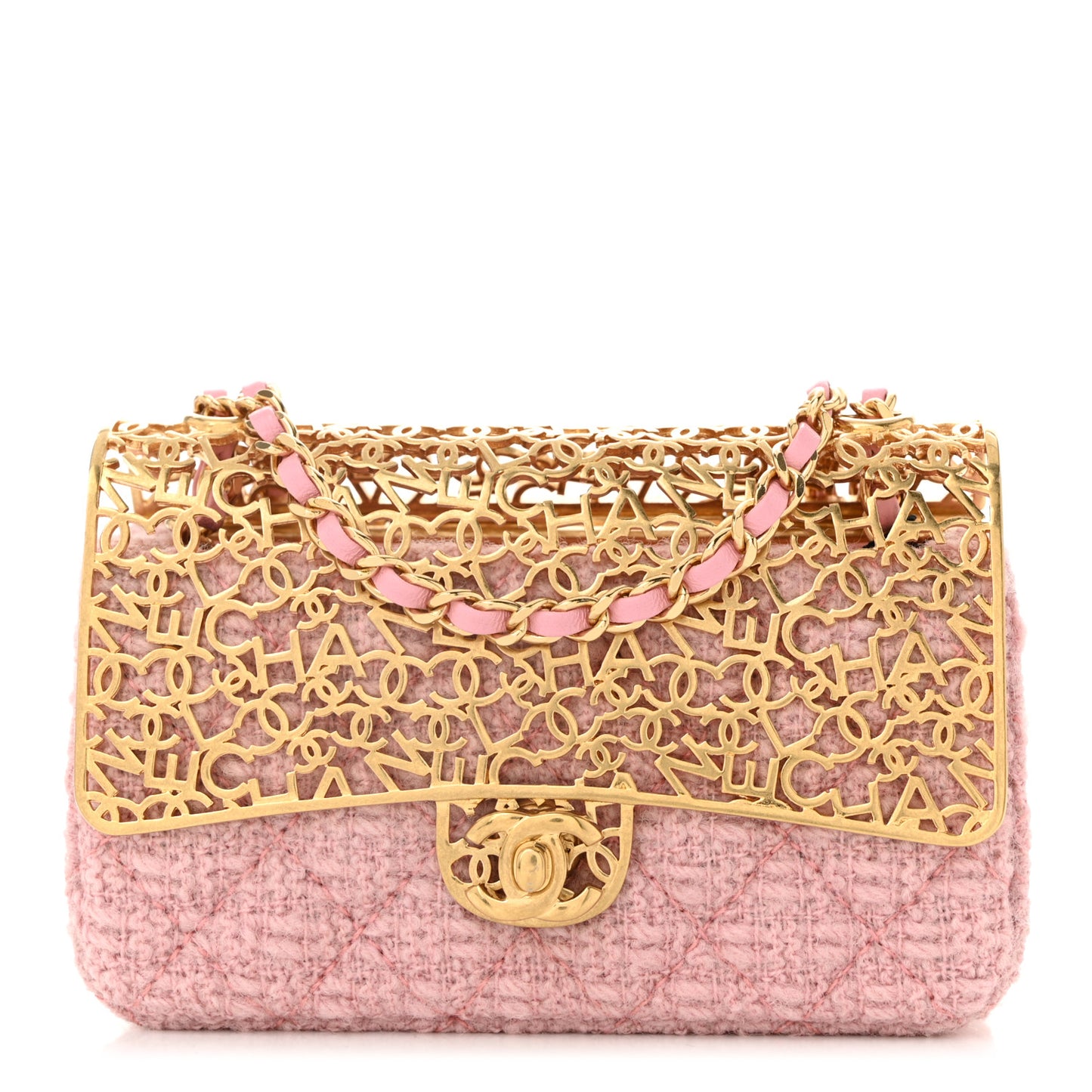 Metal Tweed Logo CC Minaudiere Mini Flap Bag Pink Gold