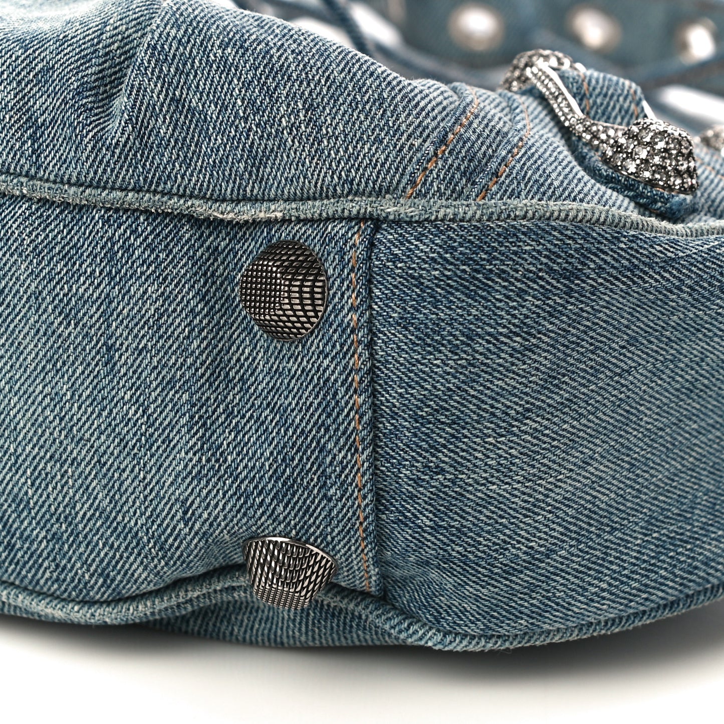 Washed Frayed Denim Crystal Small Le Cagole Shoulder Bag Blue