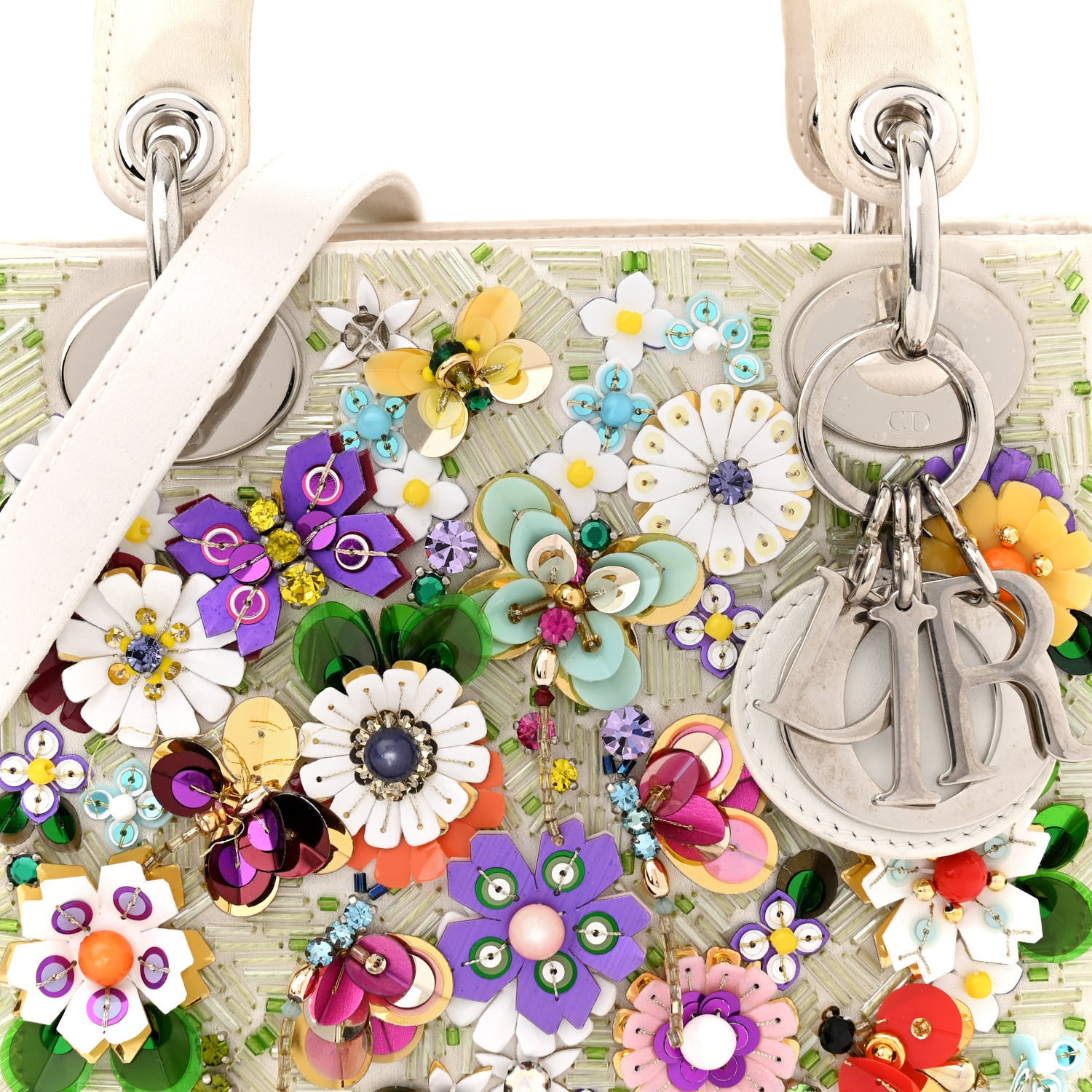 Christian Dior Satin Beaded Floral Embroidered Mini Lady Dior White Multicolor 8 of 19