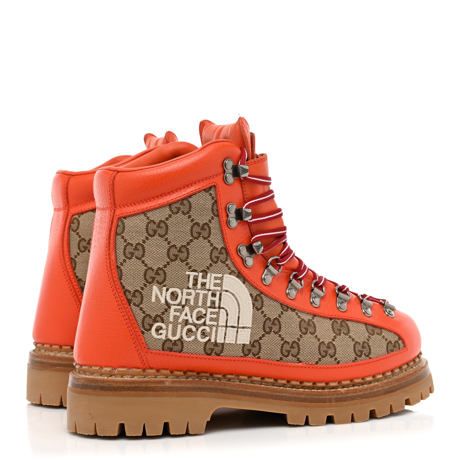 Gucci X THE NORTH FACE Monogram Textured Calfskin Mens Hiking Ankle Boots 7 Beige Ebony Deep Orange 4 of 8