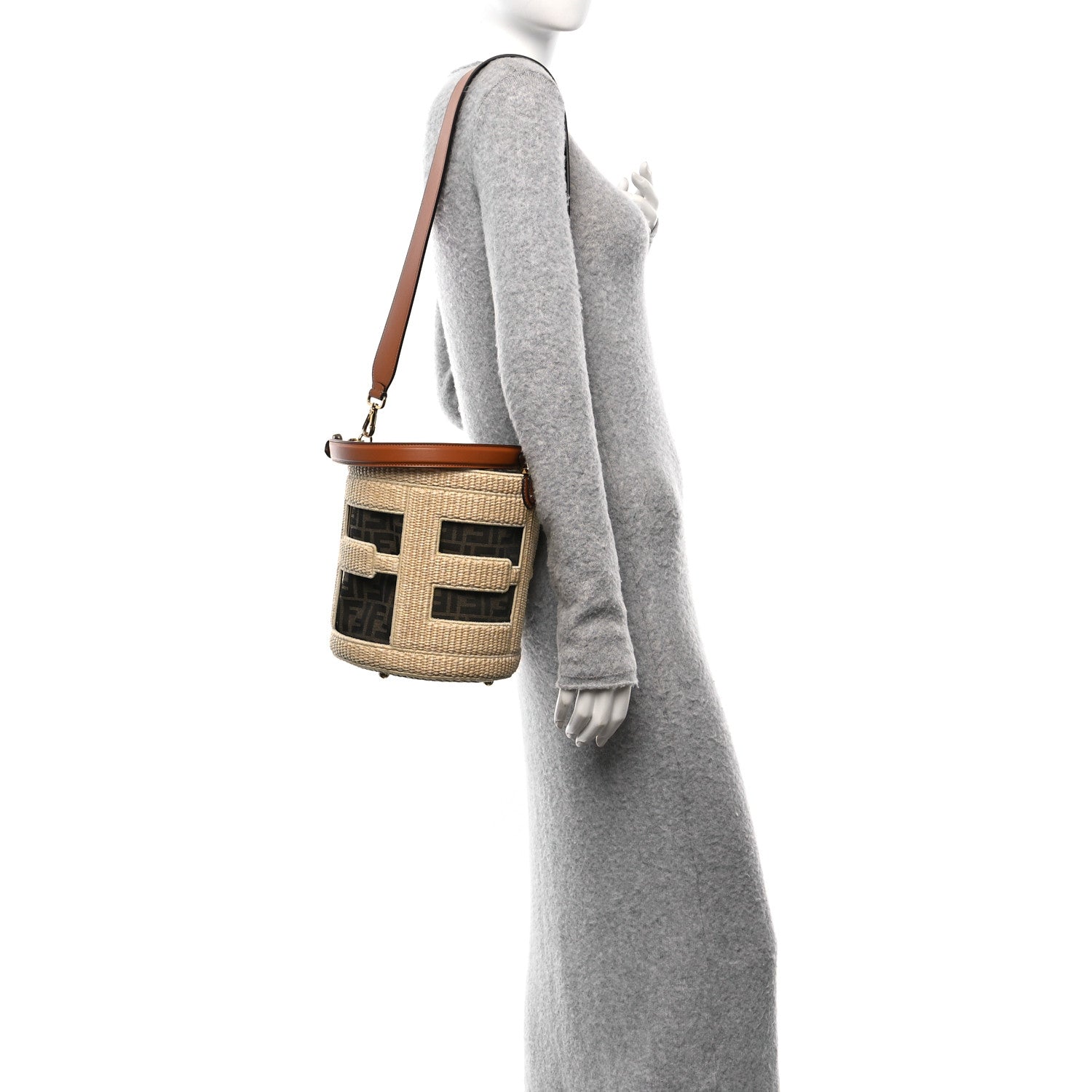 Fendi Paglia Chicco Riso Fabric Jacquard FF 1974 Vitello Grace Mini Step Out Bucket Bag Alchemy Tabacco Brandy 2 of 10