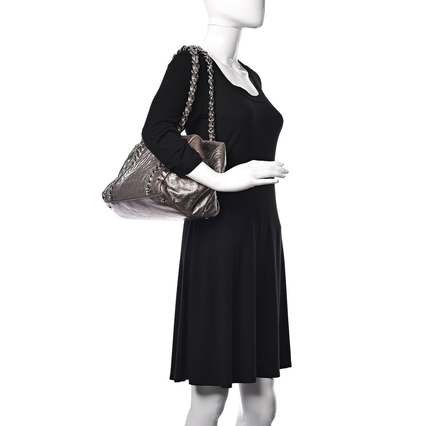 Metallic Cracked Calfskin Modern Chain Tote Dark Silver