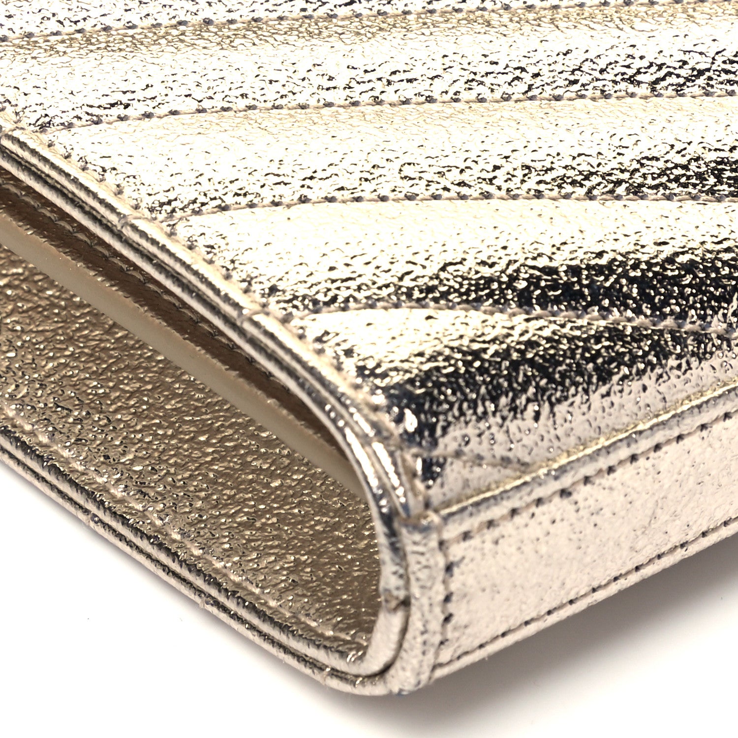 Saint Laurent Metallic Grain De Poudre Matelasse Chevron Monogram Chain Wallet Gold 7 of 8