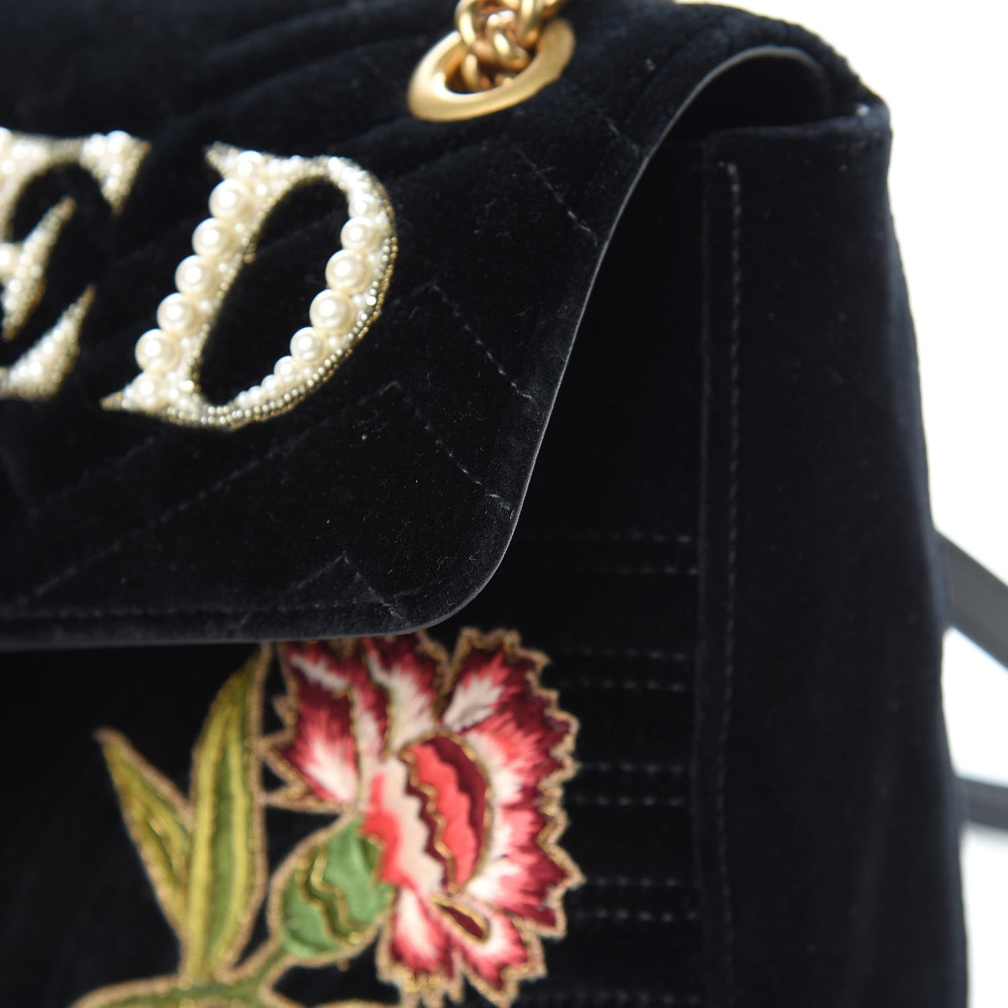 Velvet Matelasse Loved Embroidered Medium GG Marmont Shoulder Bag Black
